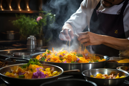A skilled chef sprinkling ground turmeric over a dish, adding a burst of color and flavor to the cuisine. Generative AIの素材