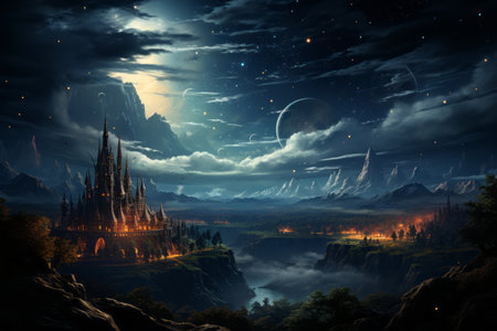 Illustration of a majestic mountain view with a constellations and stars, symbolizing exploration and adventure. Generative AIの素材