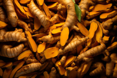 A vibrant overhead shot of fresh turmeric roots, symbolizing the natural health benefits and richness of this spice. Generative Aiの素材