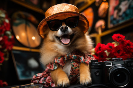 A dog wearing sunglasses and a hat, posing with a camera as if it's a canine celebrity on the red carpet. Generative Aiの素材