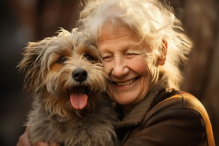 A heartwarming image of a dog and its owner sharing a genuine moment of laughter and bonding. Generative Aiの素材
