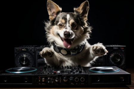 Trendy dog grooving to music, capturing their amusing moves and the joy they bring. Generative AIの素材