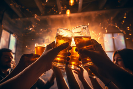 A group of friends raising their glasses in a dynamic toast, with beer splashing out of the glasses in mid-air, emphasizing the social aspect of enjoying beer with friends. Generative AIの素材