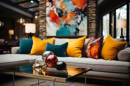 A modern living room with contrasting colored throw pillows and decorations, highlighting the art of interior design. Generative Aiの素材