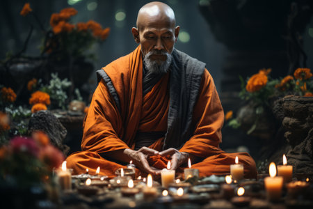 Buddhist monk meditating in a peaceful temple setting, symbolizing inner peace and mindfulness. Generative AIの素材
