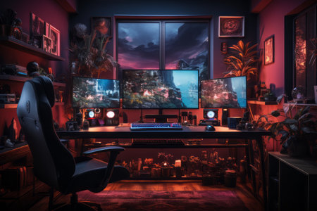 A sleek and modern gaming setup with a high-end PC, ultra-wide monitor, RGB lighting, and premium gaming peripherals. Generative Aiの素材