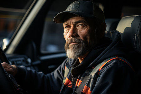 An interior view from the driver's seat, showing a skilled trucker on the road, focused and determined. Generative Aiの素材
