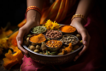 Hands holding a traditional Indian spice box (Masala Dabba) with turmeric as a centerpiece. Generative AIの素材