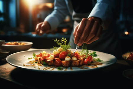 A chef showcasing culinary expertise, adding finishing touches to a dish with precise and expressive gestures. Generative AIの素材