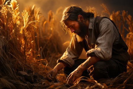 An evocative exploration of grain harvest rituals and traditions, highlighting the hard work of farmers during harvest season. Generative Aiの素材