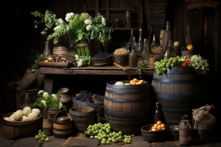 An enchanting images showcasing the rustic charm of grain-filled baskets and wooden barrels. Generative Aiの素材