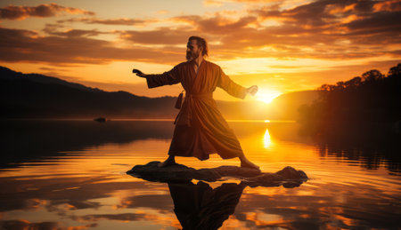 A person practicing tai chi at sunrise. The person's movements will be slow and deliberate, and they will be bathed in the warm glow of the sunrise. Generative AIの素材