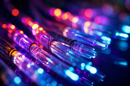 A close-up shot of fiber optic cables, the backbone of gigabit internet, showcasing the advanced technology. Generative Aiの素材
