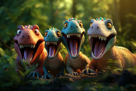 A heartwarming scene featuring a family of dinosaurs playing together, invoking a sense of joy and bonding in the prehistoric world. Generative AIの素材