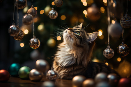 Cats playfully swatting at Christmas tree ornaments. Capturing the joy and mischief of holiday preparations. Generative AIの素材