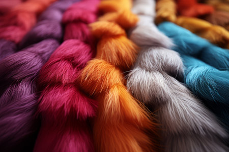 Vibrant bundles of yarn in various textures and hues, symbolizing the diversity of textiles in the industry. Generative Aiの素材