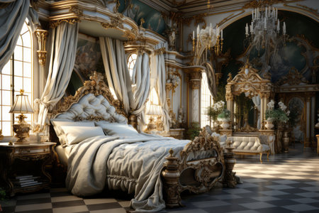 An opulent Victorian-style bedroom with intricate detailing, ornate furniture, and rich fabrics, showcasing classic elegance and sophistication. Generative Aiの素材