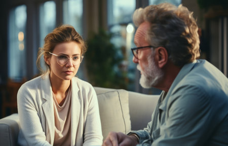 A caring mental health professional sitting with a patient, illustrating a trusting therapeutic relationship. Generative Aiの素材
