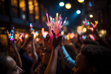 A close-up shot of hands holding glow sticks in the air at a rave party with a blurry crowd of people dancing in the background. Generative AIの素材