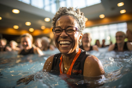Smiling participants engaging in a water aerobics class, highlighting the fun and effective nature of low-impact pool workouts. Generative Aiの素材