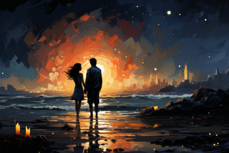 Illustration of a couple deeply in love, standing on a sandy beach, embracing each other under a starry night sky. Generative Aiの素材
