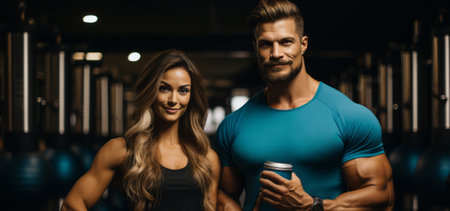 An inspiring image of the couple side by side, holding protein cans and showcasing their well-defined muscles, encouraging viewers to pursue their fitness aspirations. Generative Aiの素材