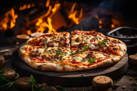 Delicious Italian pizza served on rustic wooden board. Hot fresh pizza pulled out of the wooden oven after baked. Generative AIの素材