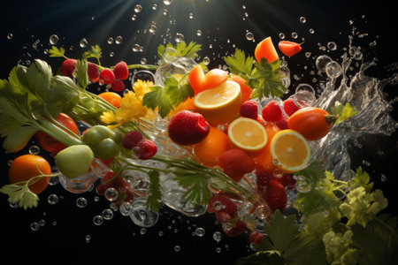 Powerful Impact of a fresh fruits, vegetables, and herbs. Emphasizing their organic and potent nature. Generative Aiの素材