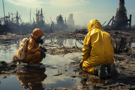 Person in hazmat suits checking for radioactive levels in water and ground. Generative AIの素材
