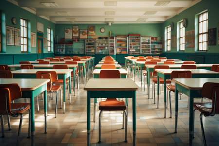 Empty tables and chairs school classroom without students. Generative Aiの素材