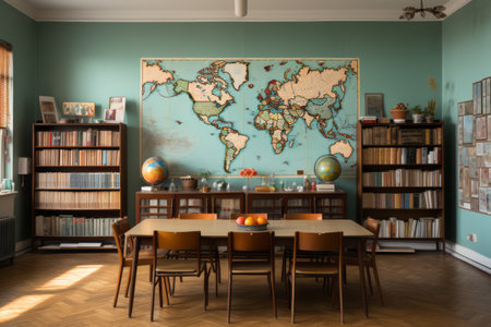 An unoccupied language classroom with maps, whiteboards, and foreign language books, evoking a sense of cultural exploration. Generative Aiの素材