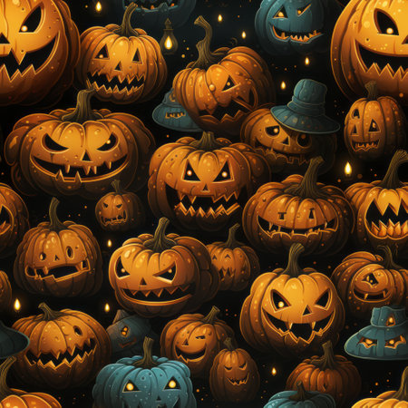 Seamless pattern with jack o lantern halloween pumpkins on spooky background. Concept be used for web banner, scrapbook, textile print, page fill. Generative Aiの素材