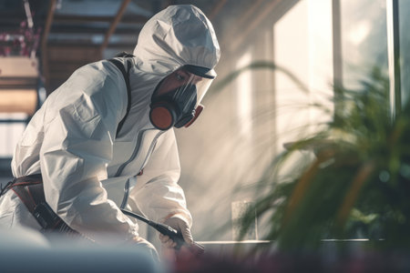 Technician in protective gear inspecting a residential property for pests, conveying professionalism and expertise in the disinfestation industry. Generative Aiの素材