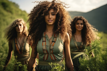 Three beautiful women with curly hair, walking together while wearing ecoclothes made of plants. Generative AIの素材