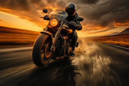 A motorcycle rider cruising on an open road, portraying the thrill of riding and the sense of freedom it brings. Generative AIの素材