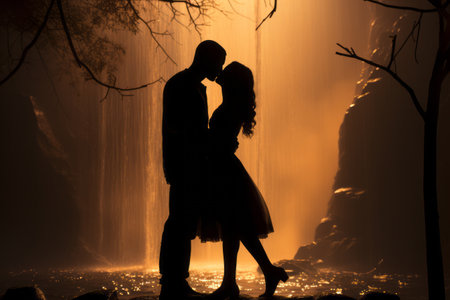 A couple kissing in front of a waterfall. The waterfall is a symbol of power and love. Generative Aiの素材