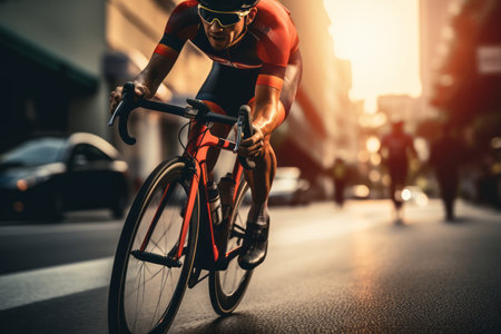 An athlete is riding a bicycle on the road in the evening. The image is blurred in motion. Generative Aiの素材