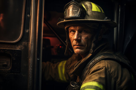 Firefighter near the door of his truck. Generative Aiの素材