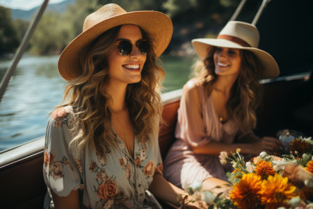 Young female friends having boat tour on boat. Generative Aiの素材
