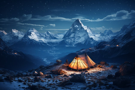 Scenic view of illuminated tent on snowy mountains. Generative Aiの素材