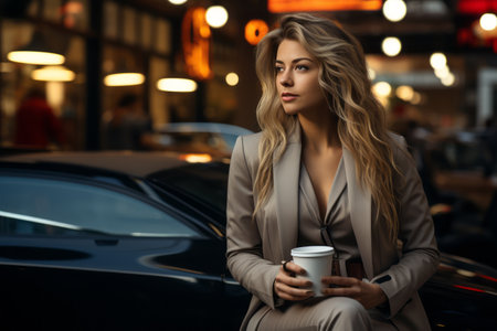 Businesswoman drinking coffee when wait recharge her electric car from charging station at residential parking car. Generative Aiの素材