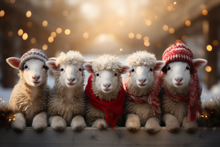 A row of adorable farm animals sheep adorned with Christmas wreaths and Santa hats, spreading holiday cheer. Generative Aiの素材
