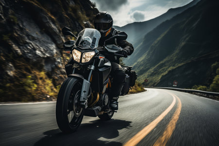 Rider taking a motorcycle through a scenic mountain road, showcasing the harmony between man, machine, and nature. Generative Aiの素材