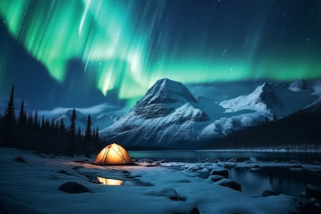 Scenic view of illuminated tent on snowy mountains with northern lights, aurora borealis on a blue night sky. Generative Aiの素材