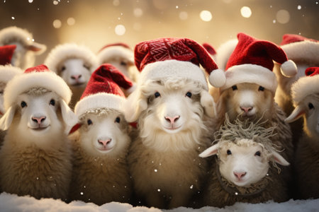 A row of adorable farm animals sheep adorned with Christmas wreaths and Santa hats, spreading holiday cheer. Generative Aiの素材