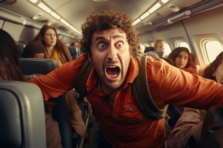 Nervous person afraid on airplane. Panic attack and aerophobia. Generative AIの素材
