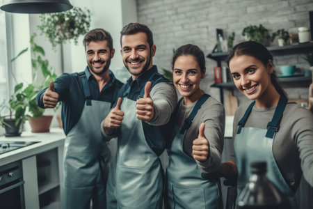 Satisfied disinfestation staff smiling and giving a thumbs-up gesture while standing in pest-free home, showcasing the positive outcome of a successful disinfestation service. Generative Aiの素材
