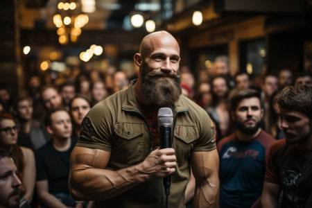 A successful bodybuilder leading a motivational fitness seminar, inspiring others to pursue their fitness goals. Generative Aiの素材