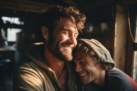 Emotional connection of a gay couple In love at home. Generative Aiの素材