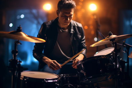 Young musician play drums. Generative AIの素材